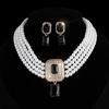 Square gemstone full diamond earrings necklace set choker multi-layer bridal anti-pearl necklace earrings