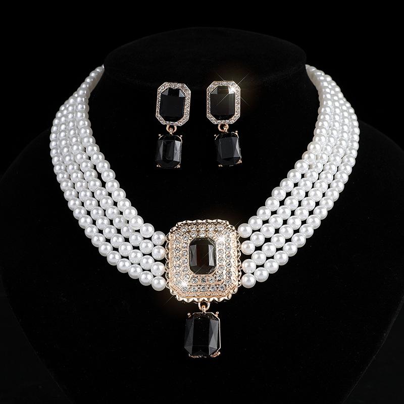 Square gemstone full diamond earrings necklace set choker multi-layer bridal anti-pearl necklace earrings