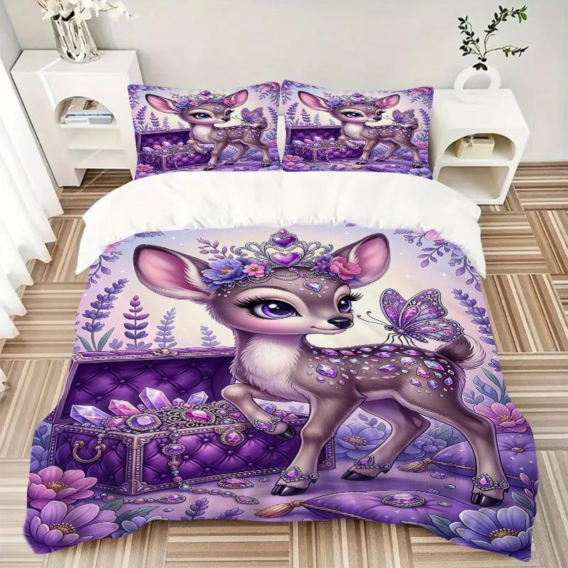 Fantasy Deer Lavender Garden Print 3Pcs Bedding Setduvet Cover With 2 Bedropillowcase Home Birthday Gift