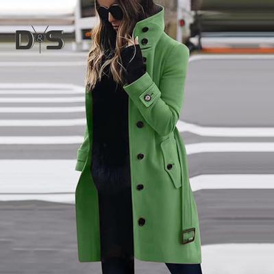Winter Woolen Coat Plus Size High Collar Single-breasted with Belt Long Sleeves Thick Pure Color Jacket Dating Shopping Outdoor Overcoat