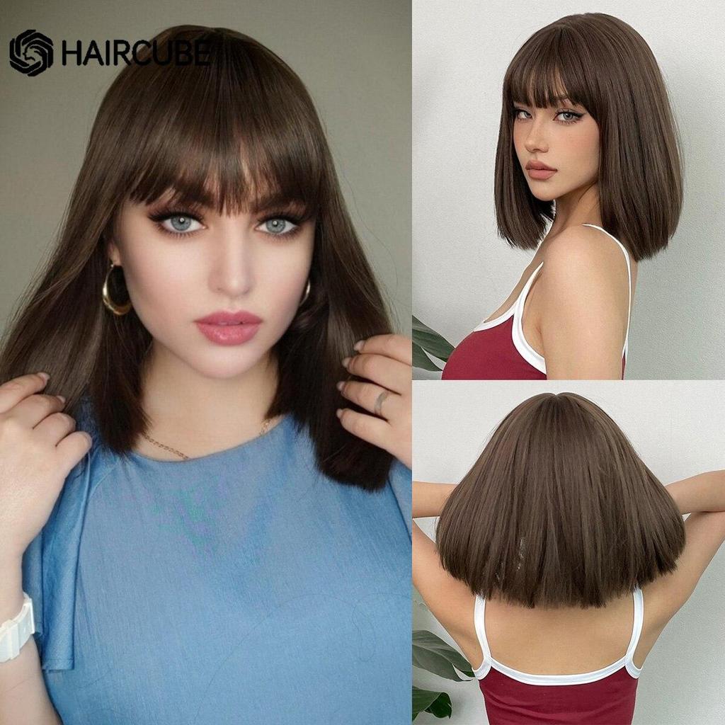 HAIRCUBE Short Brown Synthetic Natural Wig for Women Straight Shoulder Length Brown Hair With Bangs Heat Resistant Daily Cosplay