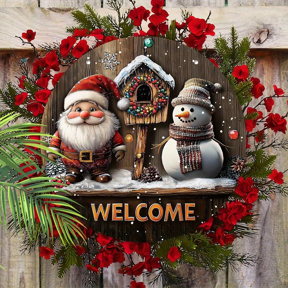 Cartello di Benvenuto in Legno di Natale con Babbo Natale e Pupazzo di Neve - Cartello Rotondo Navidad per Porta d'Ingresso, Decorazione da Appendere a Parete - Regalo di Natale Ideale
