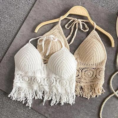 Sexy boho praia férias camisola halter feminino crochê malha maiô sutiã sem costas colete oco borla regata feminina