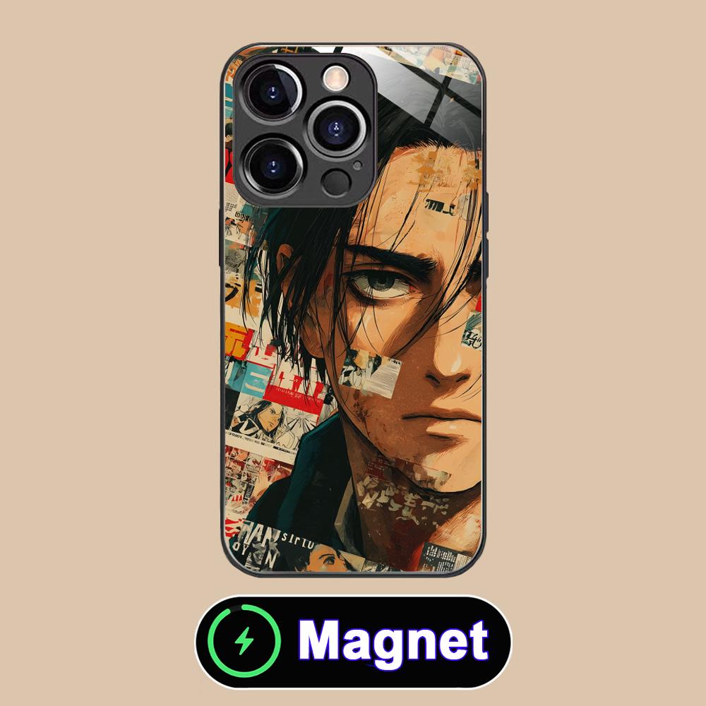 AOT Eren Yeager Glass MagSafe Mobile Phone Case for iPhone 17 16 15 14 13 12 11 Air Pro Max Plus Mini Colorful Cover
