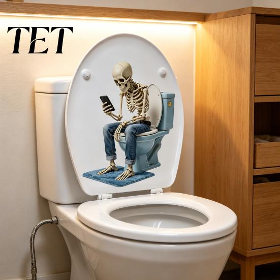 Durable Moisture Proof Decals Funny Skeleton Toilet Cover Sticker, Self-Adhesive Waterproof Sitting On Creative Home Party Decorations Seat Lid Decal,