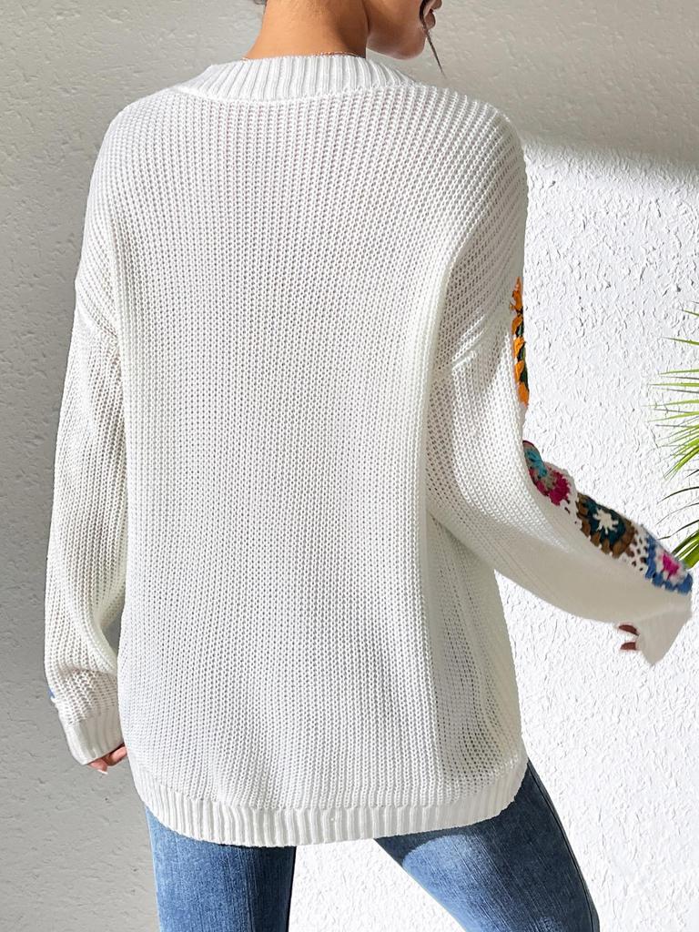 Suéter Pulóver de Punto a Mano con Cuello en V, Patchwork de Flores y Mangas