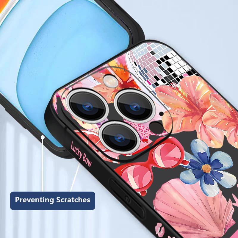 For iPhone 17 Pro Max Case Pink Cartoon Floral Pattern Soft Silicone Lanyard Cover For iPhone 16 Pro Max Cover iPhone 15 14 13 12 11 16E Air