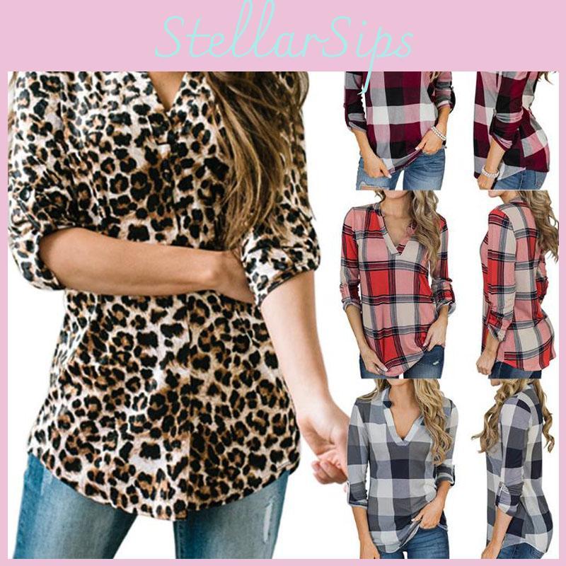 Women Vintage V-neck Loose Tops Long Sleeve Stylish T-shirt With Plaid Casual Design