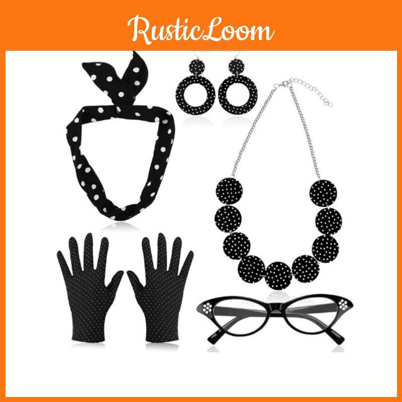 50s Women Vintage Dress Up Costume Accessory Set Polka Dot Scarf Party Cosplay