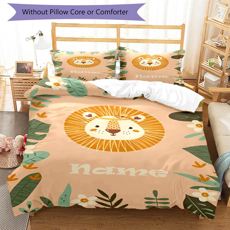 3pcs Custom Name Lion Bedding Set Duvet Cover Closure Includes 1 Duvet Cover & 2 Pillowcases, Soft and Comfortable for All Seasons.