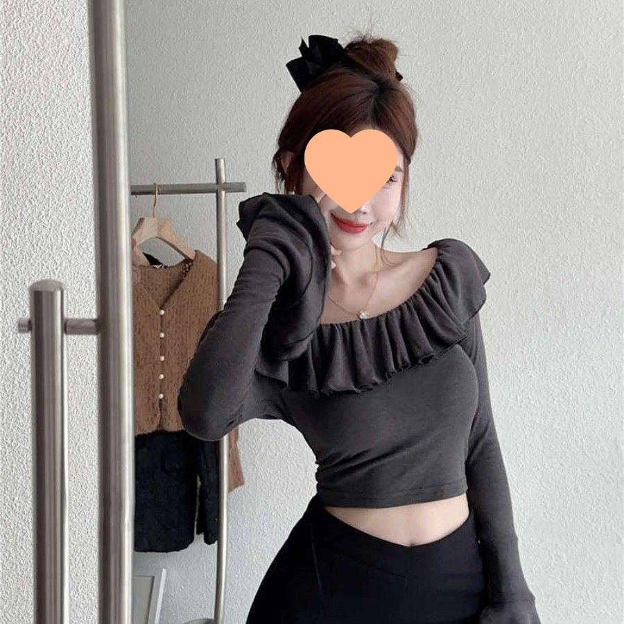 

Double-Layer Ruffle One-Shoulder Long-Sleeve Women s T-Shirt for Autumn/Winter – Stylish Inner Base Layer Large серый