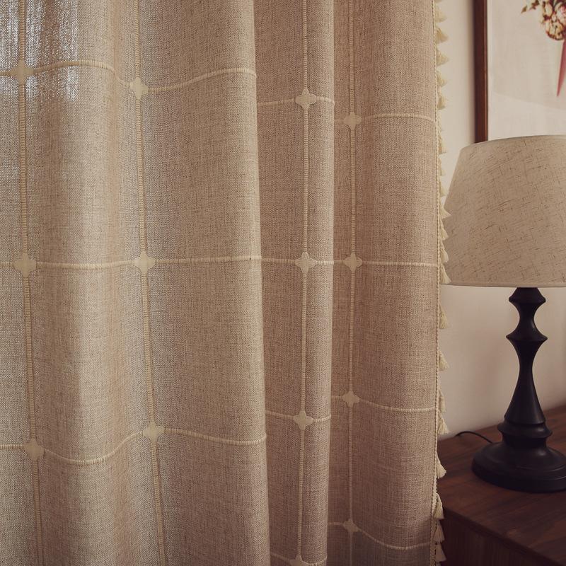 Grey Curtain Finished Product Embroidery Cotton And Linen Solid Color Plaid Coffee Insulation Living Room Kitchen Set Rod Partition Curtain