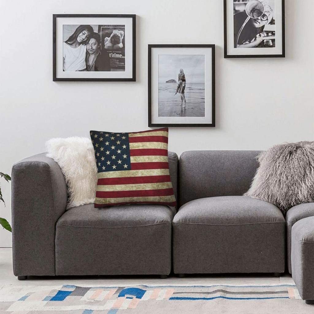 Us Flag Vintage Square Pillowcase Polyester Linen Velvet Printed Zip Decorative Bed Cushion Case 45X45
