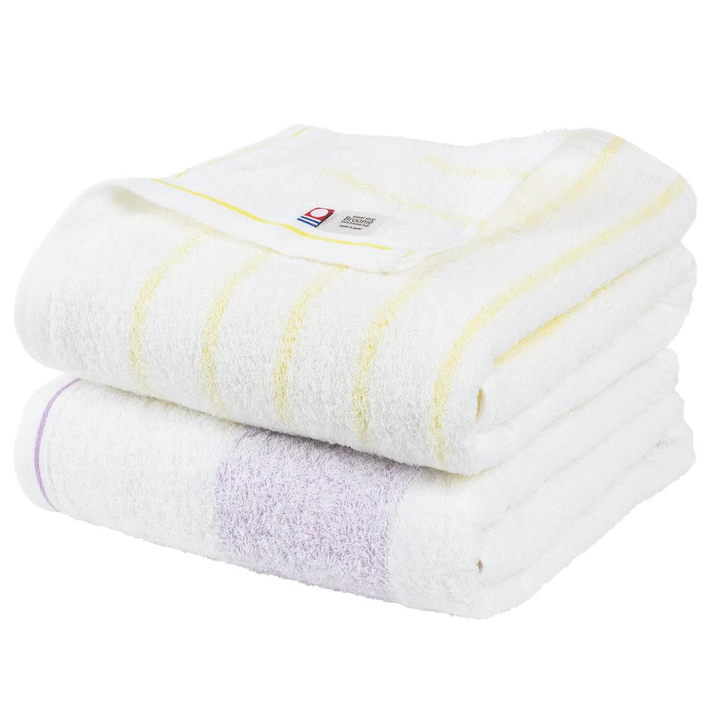 Bloom Imabari Towel Certified Bath Set of Natural Suitable for Indoor Made in Japan Towels, 2, Border, Absorbent, Quick-Drying, Drying, Soft, 100%
