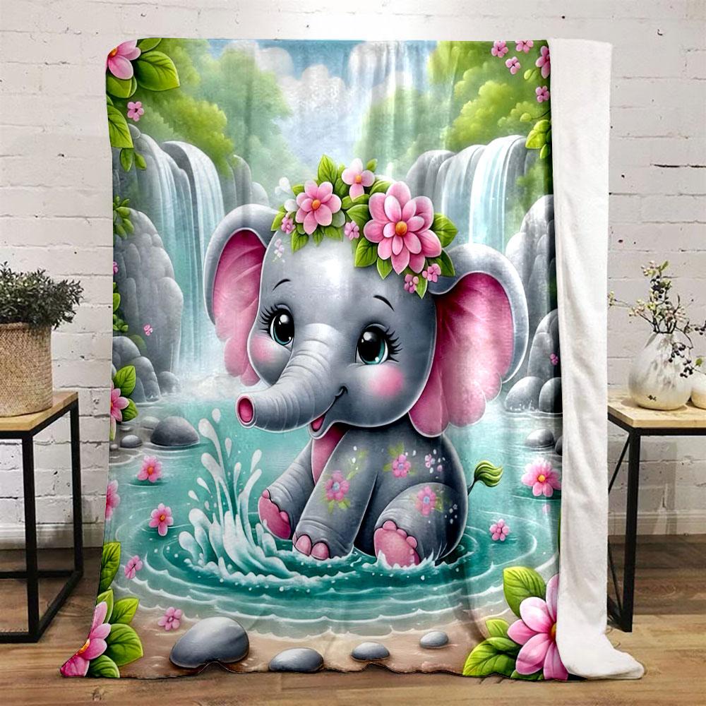 Cute Elephant with Floral Waterfall Background Print Blanket Soft and Cozy Perfect for the Living Room Bed Sofa or a Nap,gift