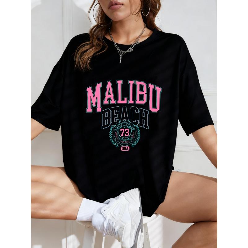 Übergroßes T-Shirt Weiß Malibu Beach Grafikdruck Mit Pinkem Und Blauem Text Und 73 Logo Sommer Freizeitkleidung Für Frauen