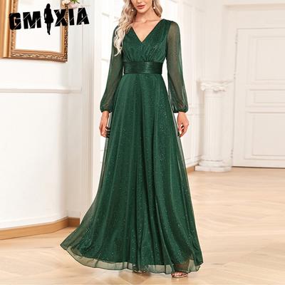 Abito da sera elegante in chiffon scintillante con scollo a V da donna, abito da cerimonia nuziale a maniche lunghe con prospettiva a trapezio, damigella d'onore
