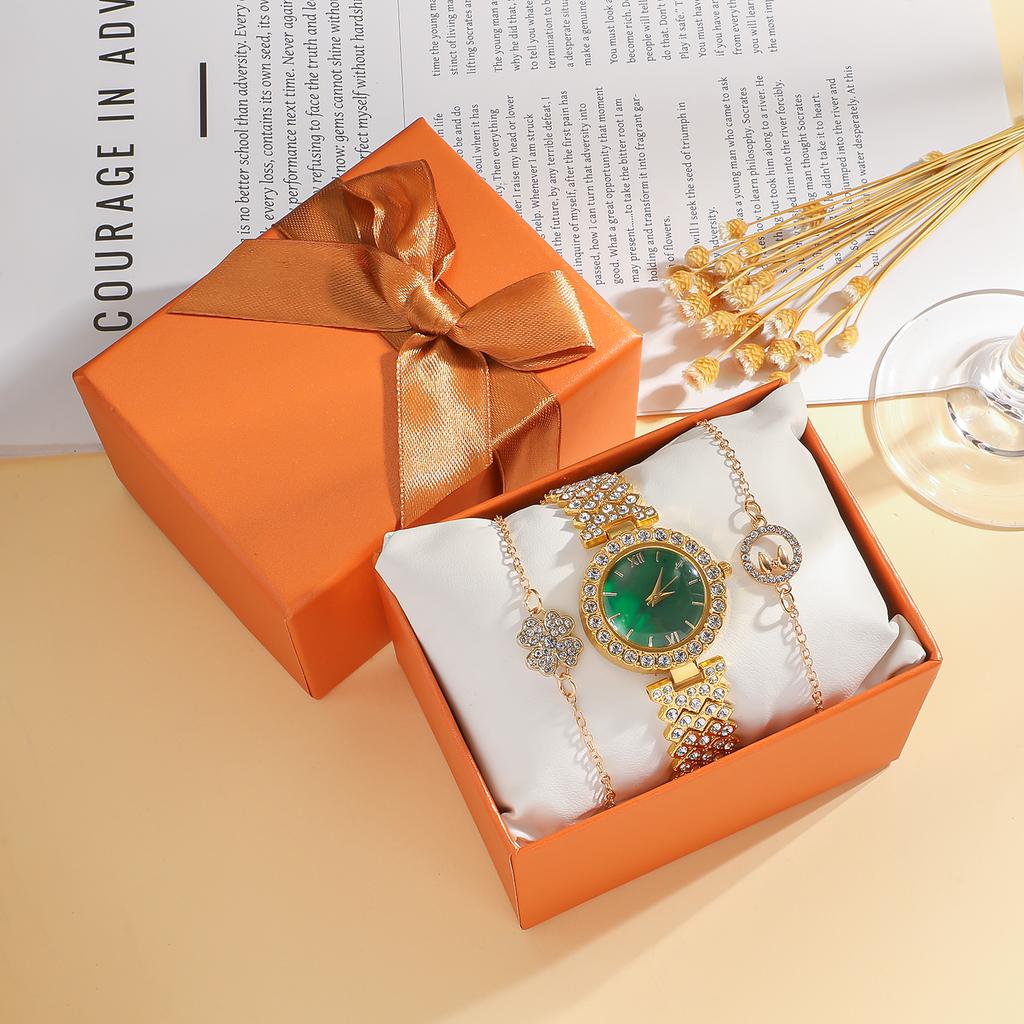 New green face niche high-end design without gift box, full diamond wrist strap, clover bracelet 3-piece set