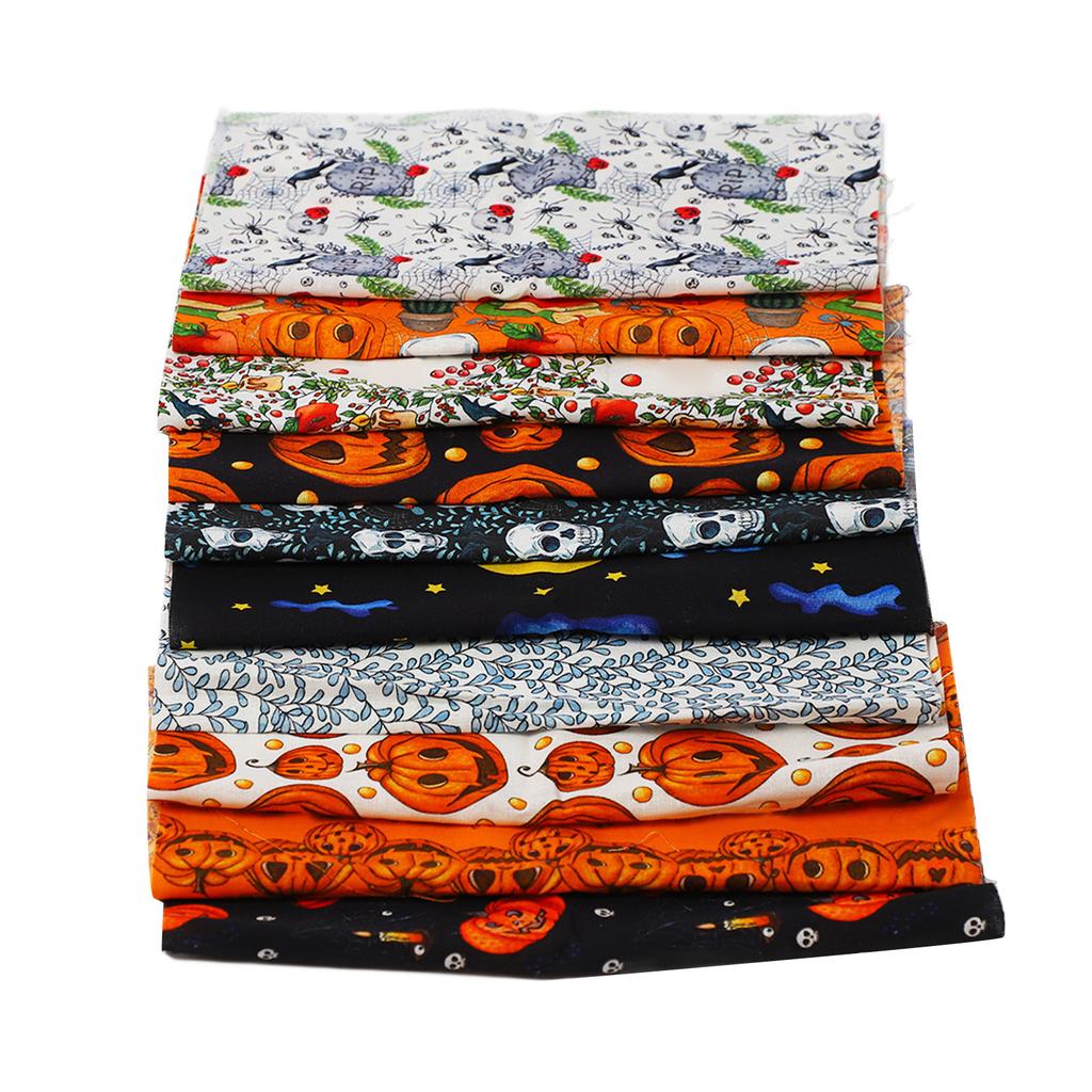 10 Sheets Halloween Cotton Fabric Ghost Pumpkin Skull Print Pattern DIY Cotton Fabric Bundles for Sewing Quilting 25x25cm / 9.8x9.8in