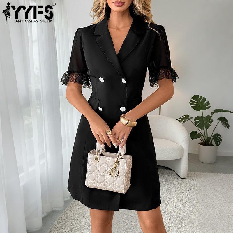 YYFS Women's Fashion Summer Spring Solid Color Print Short Sleeve V-Neck High Waist Casual Dresses