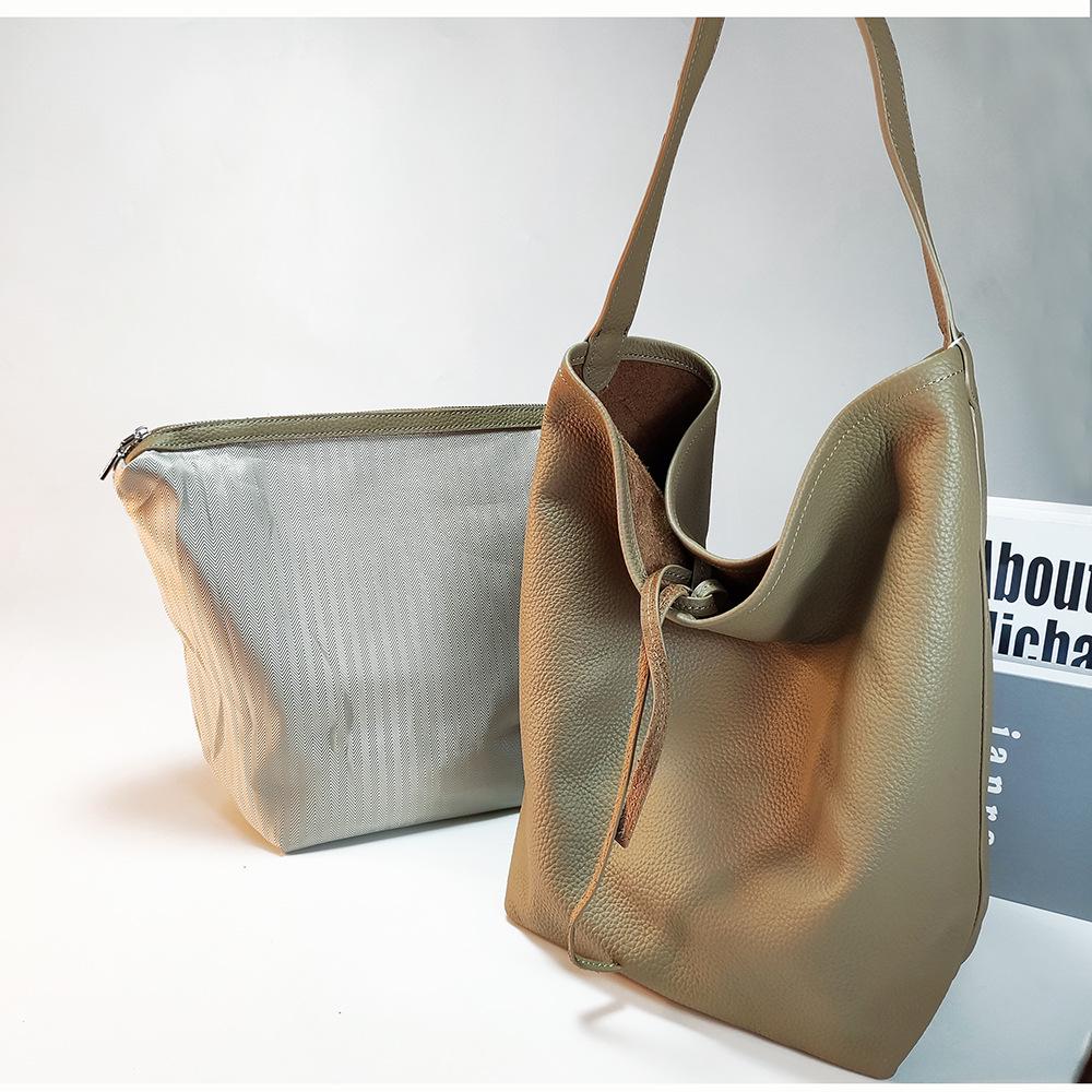 Women's Lychee Pattern Cowhide Bucket Bag - Large Capacity, Commuter Style, Single Shoulder, Lightweight Genuine Leather