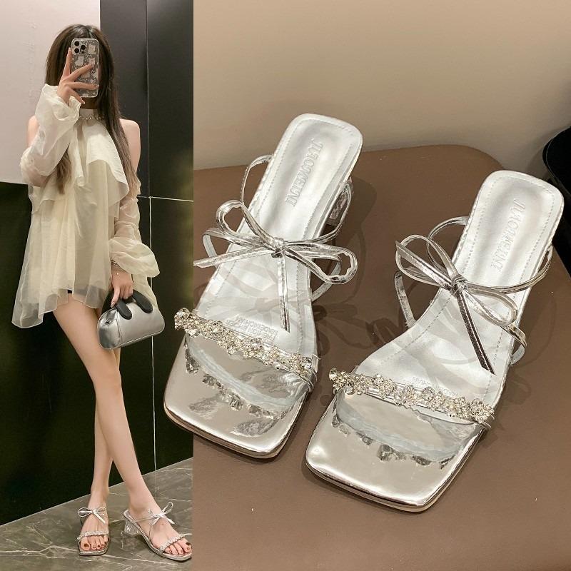 

High Heels New Style Shoes One-strap Sandals Square-toed Thick-heeled Slippers 35 чорний