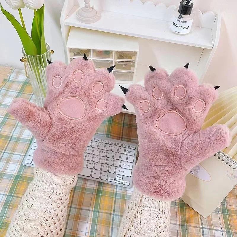 Cute Bear Claw Animal Plush Gloves for Women's Winter Thick Cartoon Full Finger Anti Loss Warm Gloves Soft Hair Student Gloves