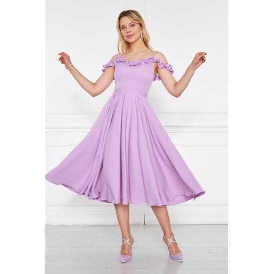 Women's Adjustable Strap Ruffle Detailed Collar Pleated Flared Midi Evening Dress