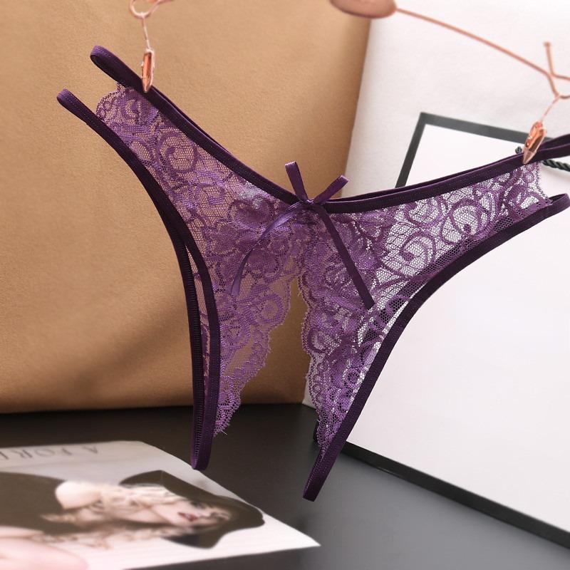 Sexy Lingerie Women Transparent G-strings Thongs Crotch Opening Lace Panties with Bowknot for Ladies