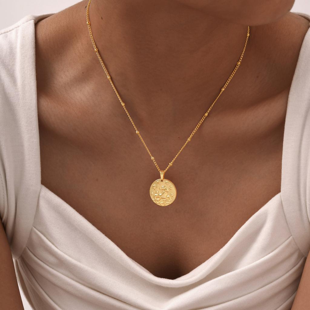 Stainless Steel Button Chain Bead Chain Twelve Constellations Alloy Relief Round Card Design Sense Necklace Nc-1966