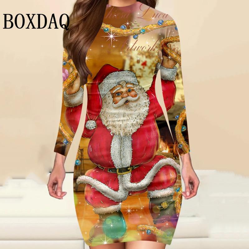 Merry Christmas Cute Santa Claus Print Women Dress Autumn Winter Lady Long Sleeve Dress Christmas Tree