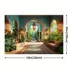 A delicate Moroccan-style nighttime celebration banner - depicting an Arab courtyard scene, lush green plants and decorations