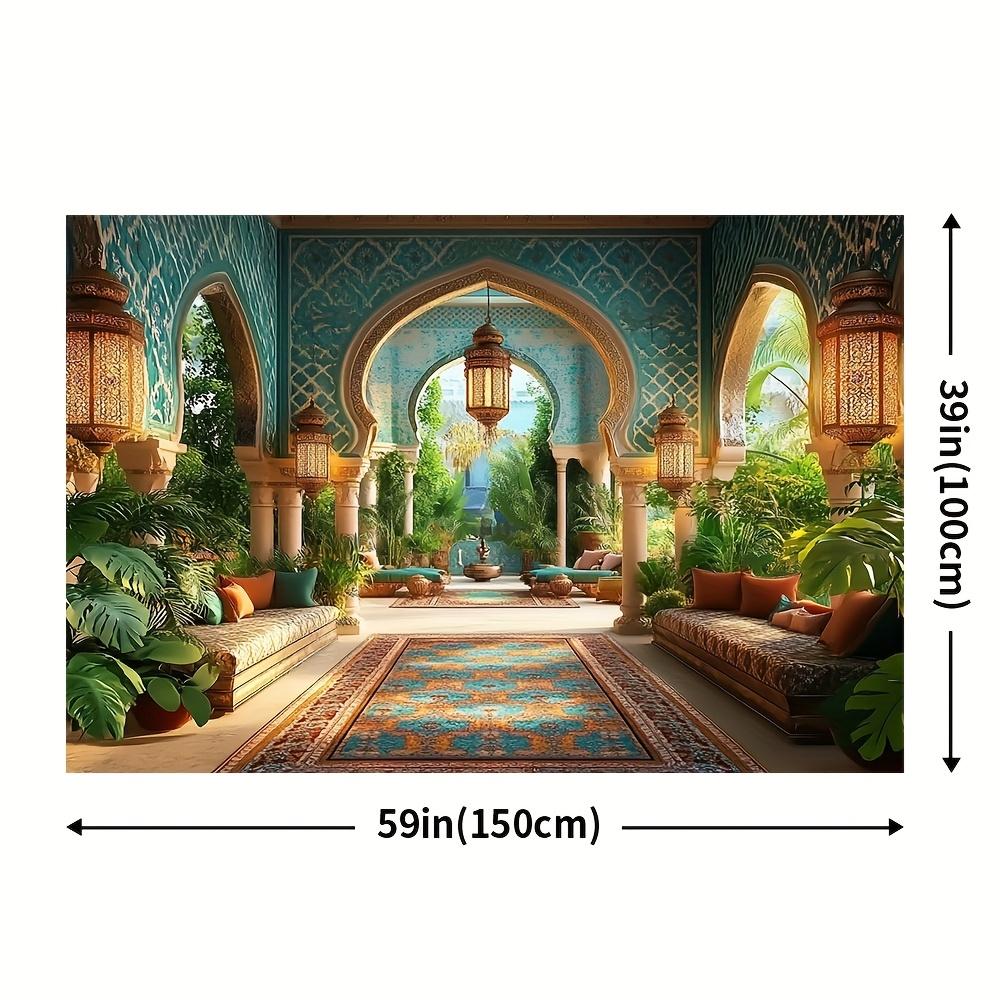 A delicate Moroccan-style nighttime celebration banner - depicting an Arab courtyard scene, lush green plants and decorations