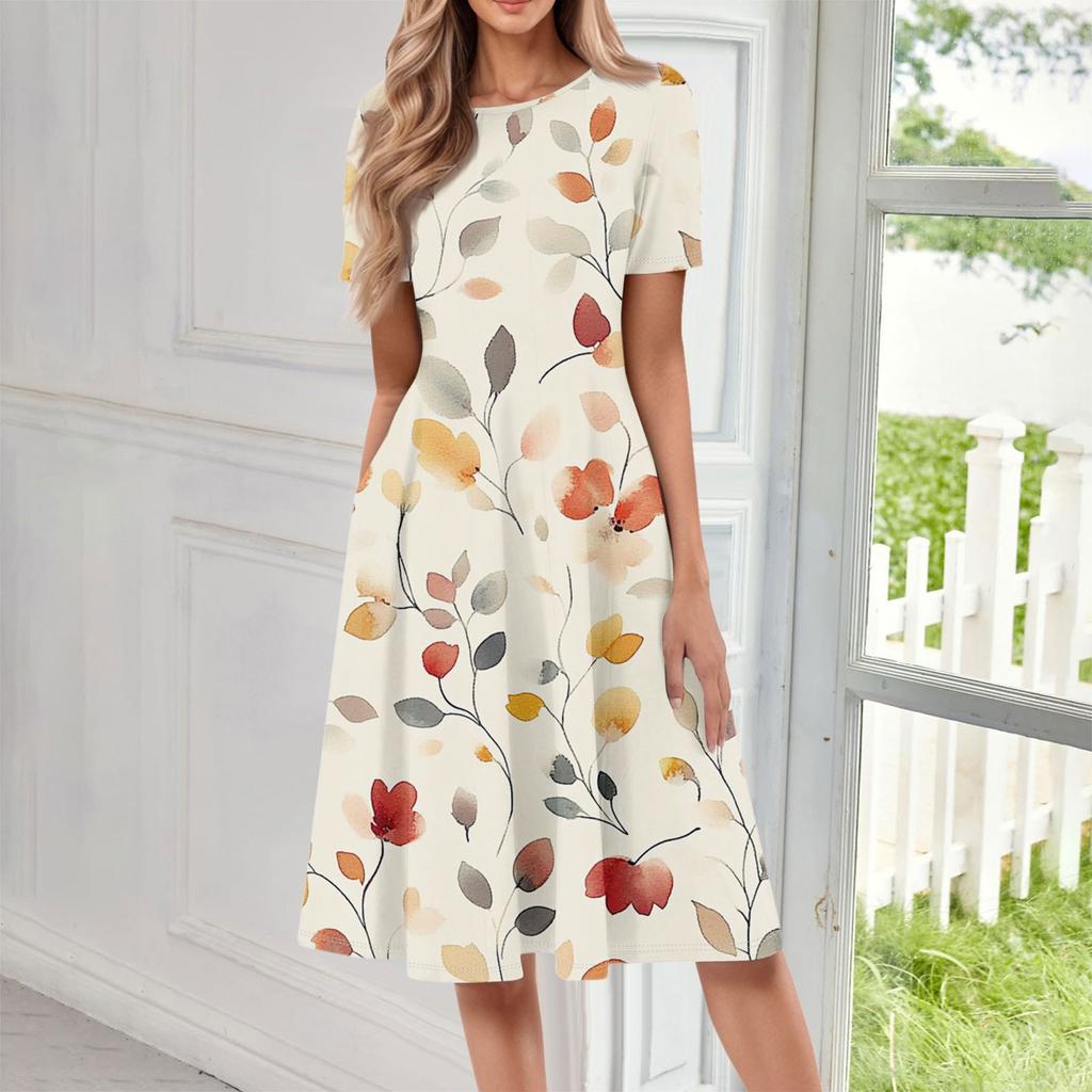 Women's Casual Fashion Round Neck Short Sleeve Floral Print Midi Dress