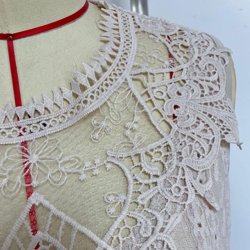 Kvinner Vår Sommer Elegant Blonder Patchwork O-Hals Hul Topp Ensfarget Heklet Camisole Topp Pullover Skjorte S-XL