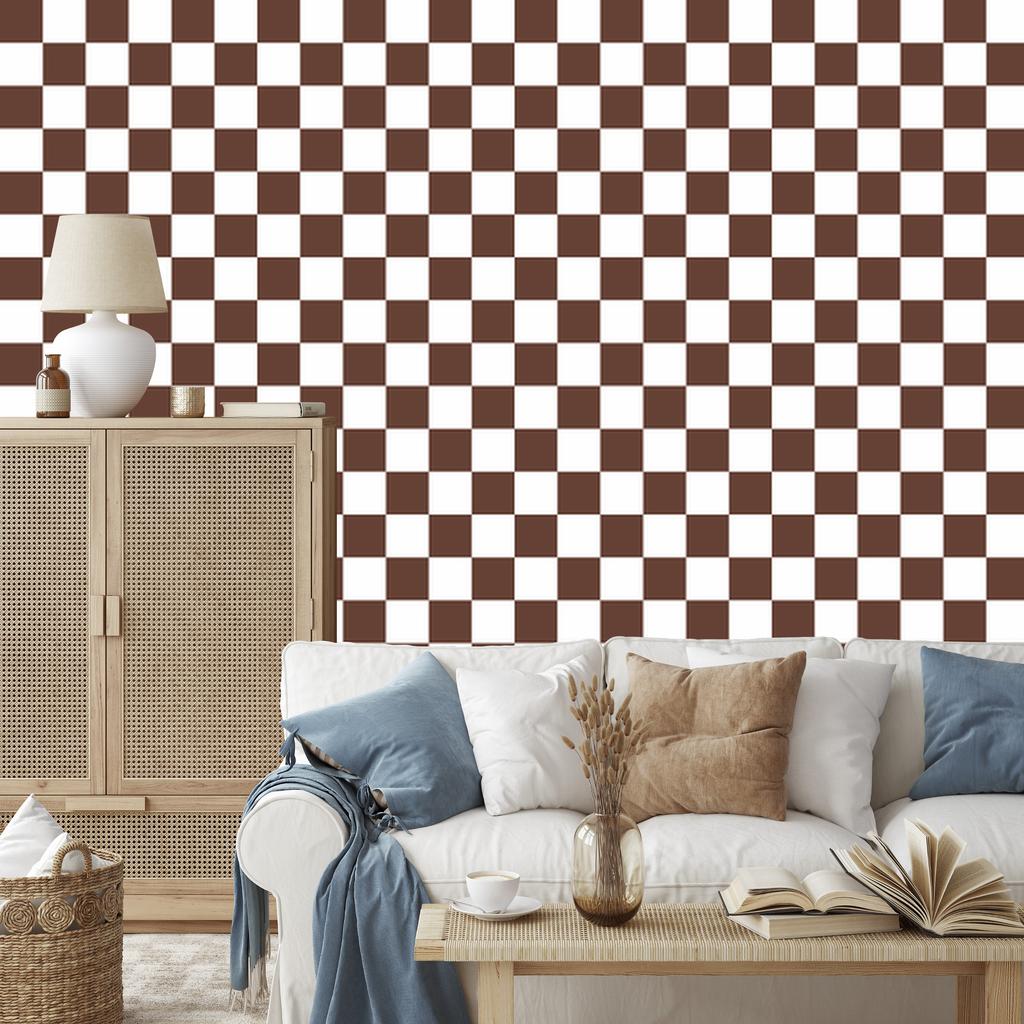 Checkerboard Wallpaper White and Rust for Living Room and Bedroom 50x1000