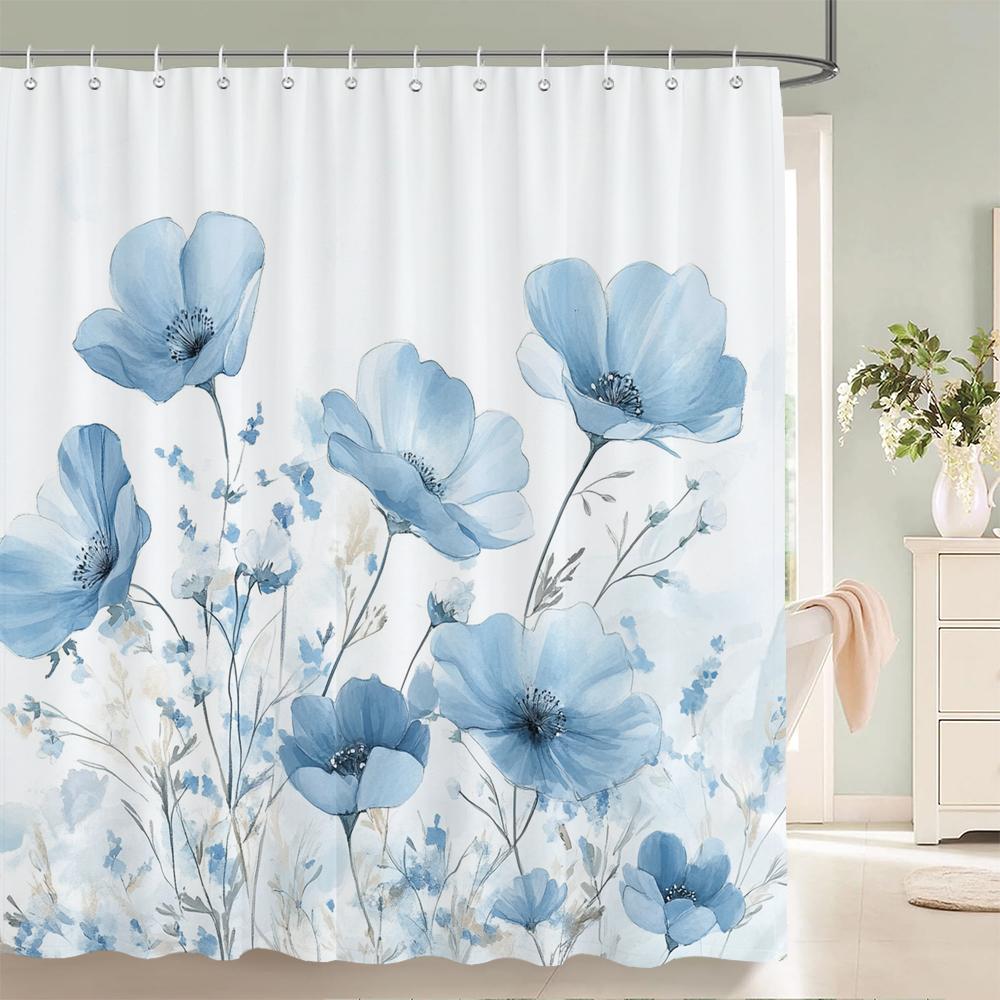 Watercolor Flowers Shower Curtain, Floral Plant Bathroom Decorative Shower Curtain, Waterproof Shower Curtain with Hooks