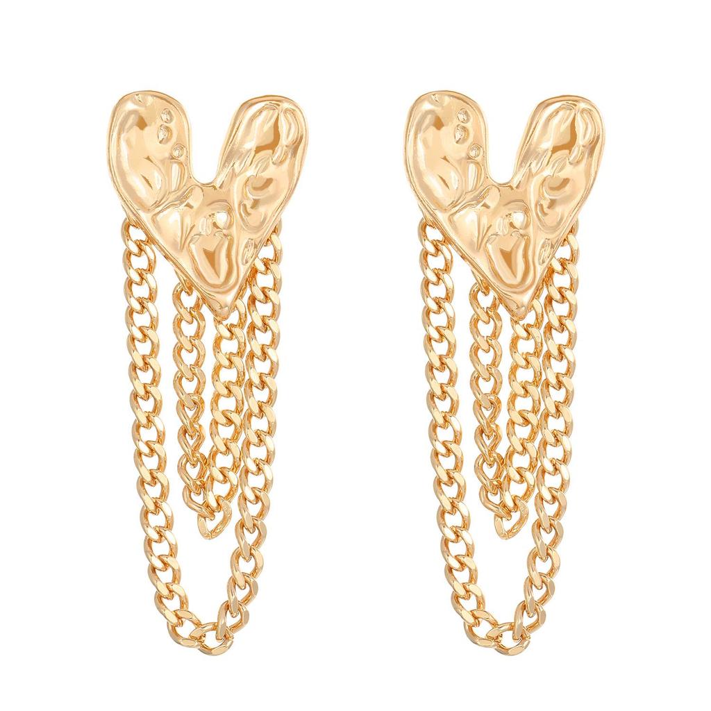 European & American Heart-Shaped Stud Earrings: Alloy Hammered Texture Love Heart with Tassel Chain, Retro Design for Women