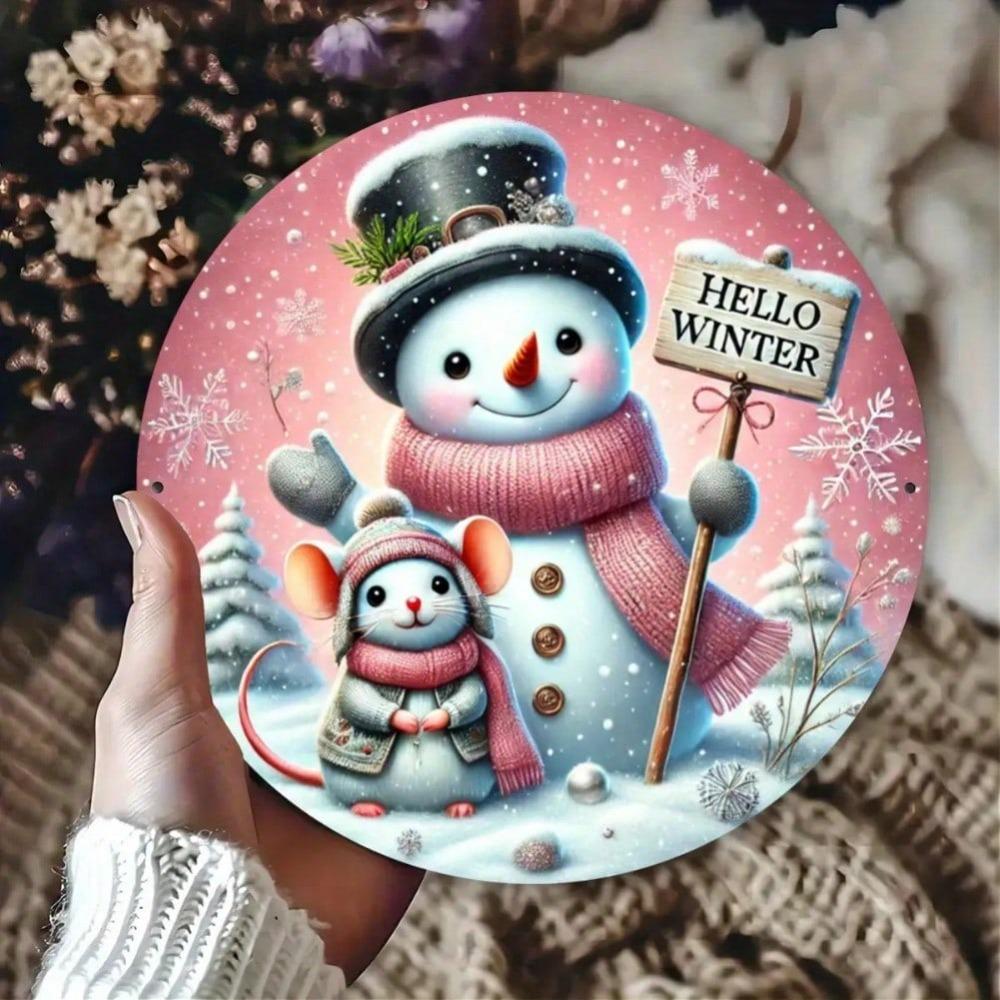 1pc Vintage Round Metal Tin Sign Pink Snowman Mouse Wreath Wall Decor Home Kitchen Indoor Outdoor Welcome Winter