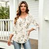 Womens 3/4 Sleeve V Neck Button Detail Floral Print Tunic Top Casual Loose Fit Lightweight Blouse