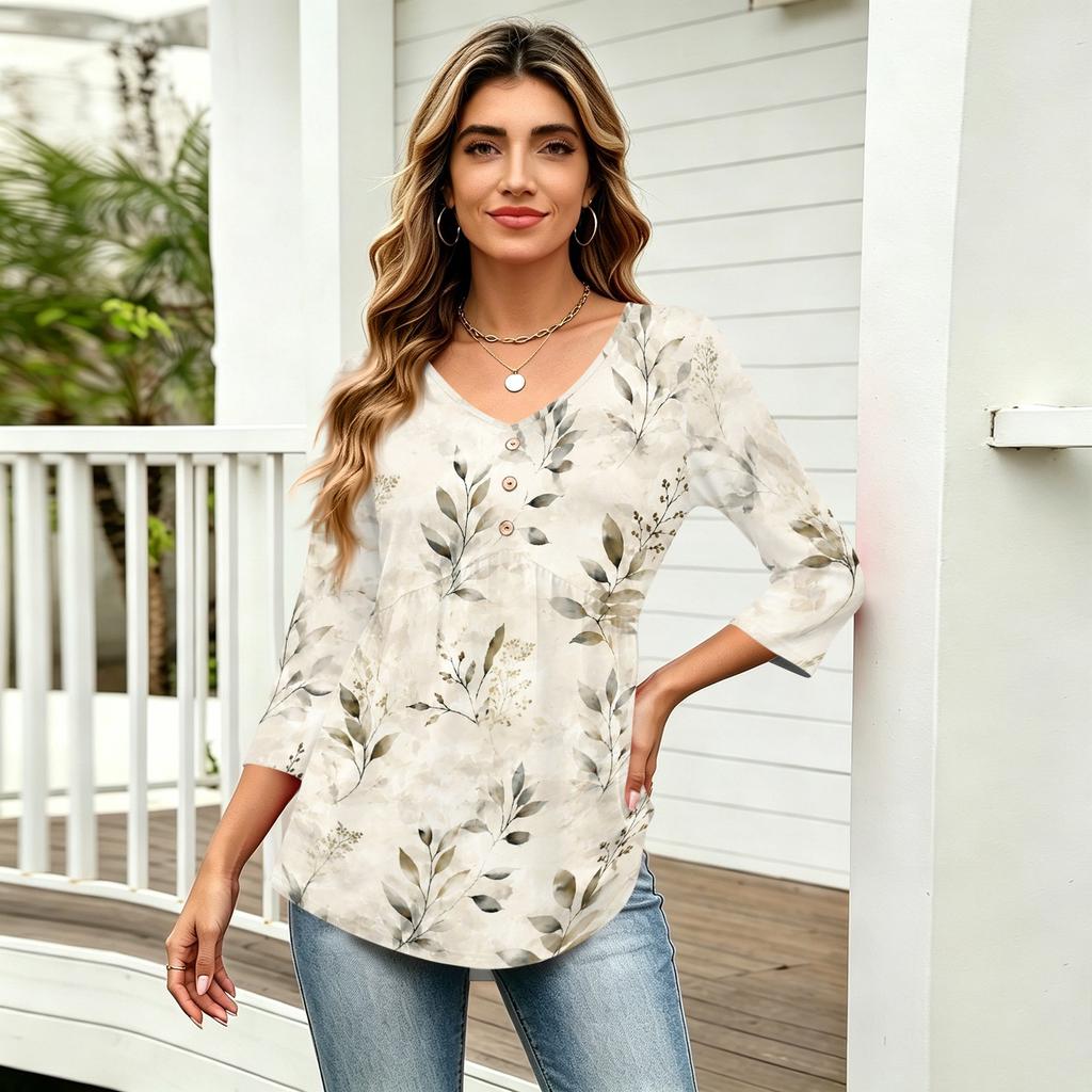 Womens 3/4 Sleeve V Neck Button Detail Floral Print Tunic Top Casual Loose Fit Lightweight Blouse