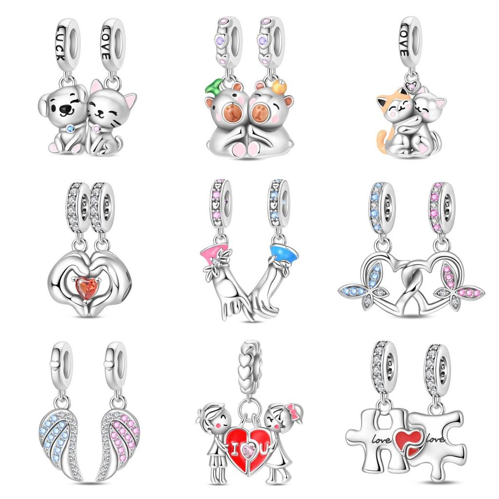 S925 Silver DIY Couple Bracelet Necklace Set with Heart Holding Hands Cat Dog Charm Pendant Bead Jewelry