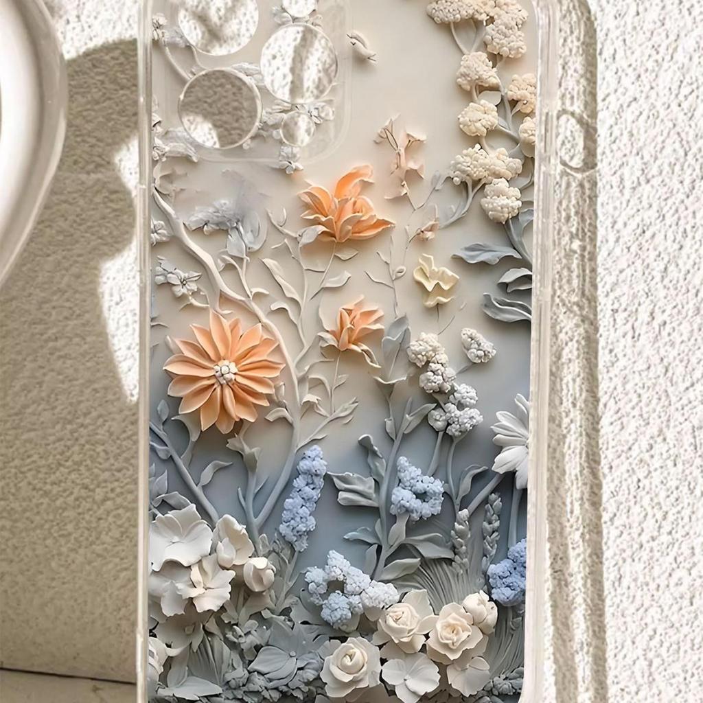 Shockproof Clear Case with Embossed Flower Design for iPhone 14/15/16/17 Promax Series