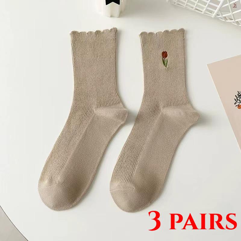 

3 Pairs Women s Socks Tulips Casual All-match Mid-tube Stacked Socks Spring and Autumn Pure Cotton Edge Embroidered Stockings One size