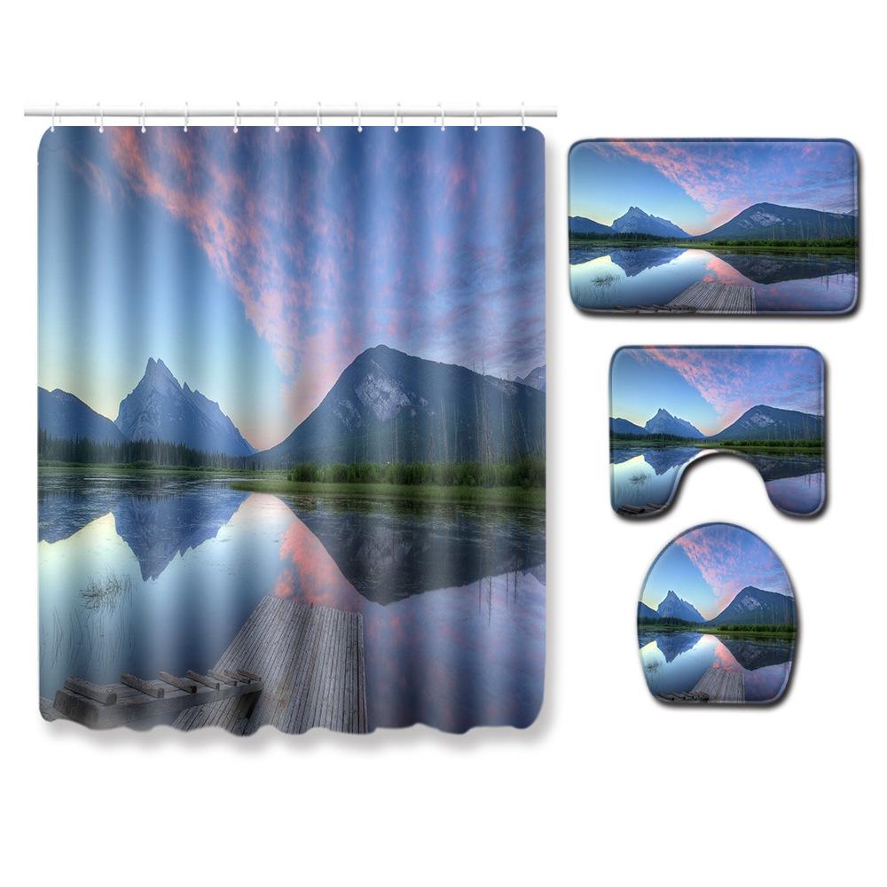 Landscape Shower Curtain Floor Mat Combination Four-Piece Set Bathroom Toilet Carpet Shower Room Mat Foot Mat