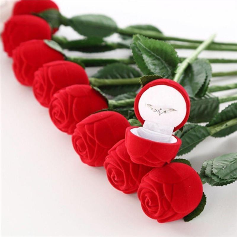 Red Rose Flocked Jewelry Box Creative Proposal Ring Storage Box Romantic Engagement Ring Case Gift Box For Valentine's Day