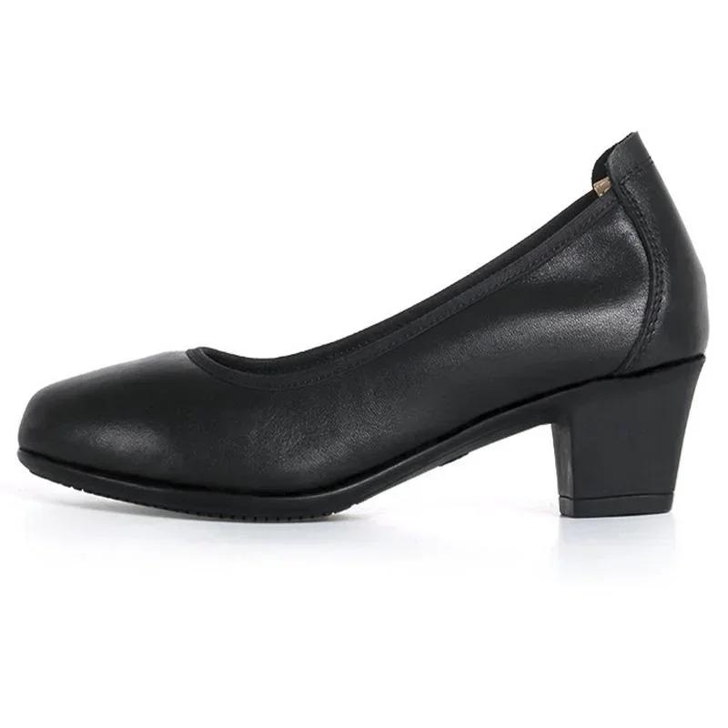 

Women Genuine Leather Thick Heel Shoes Lady Office Mid-heel Leather Shoes Female Shallow Casual Shoes for Attendant Nurse Mother 33