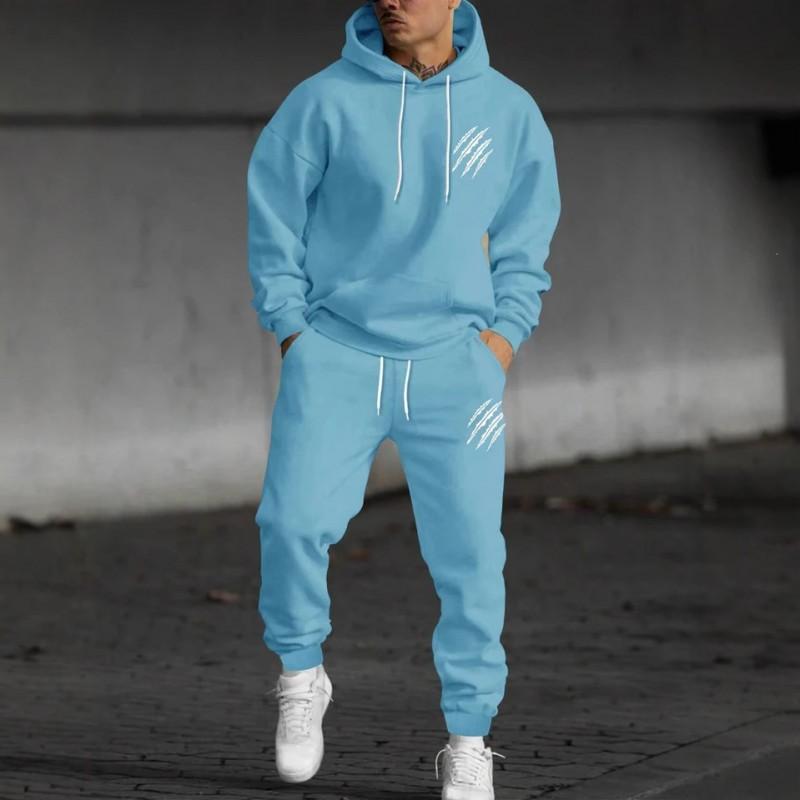 Mens Winter Hooded Sweatshirt Pants Set Animal Paw Print Sportswear Casual Streetwear Outfit
