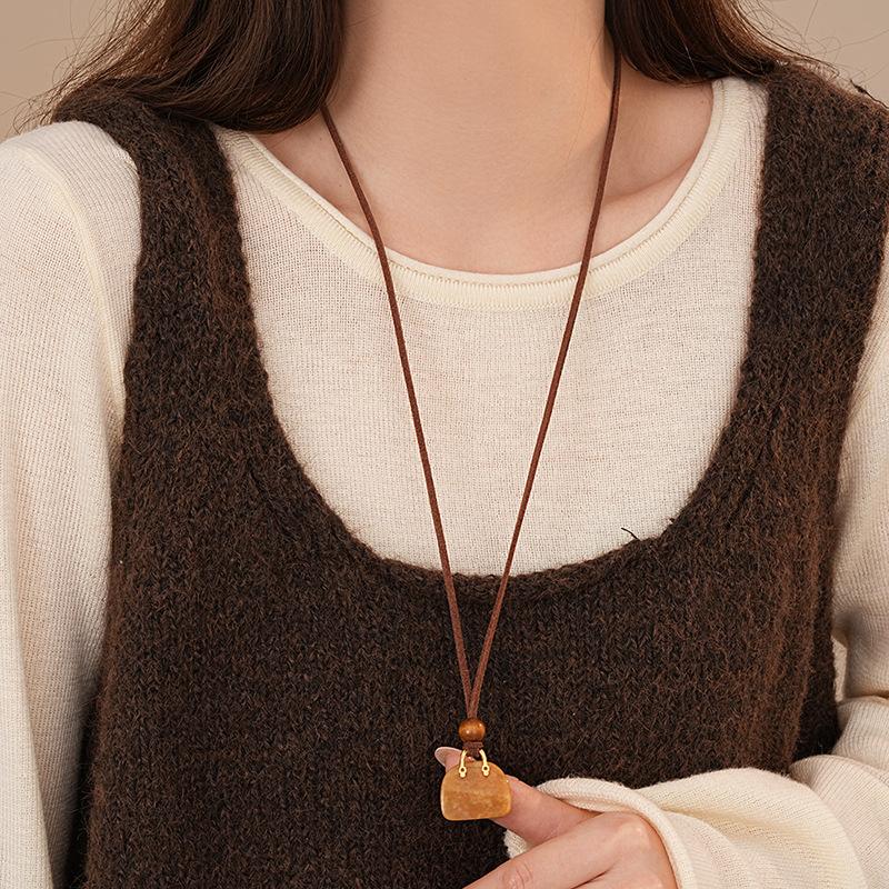 Korean fleece rope color artificial tiger's eye stone bag necklace niche design sweater chain retro necklace