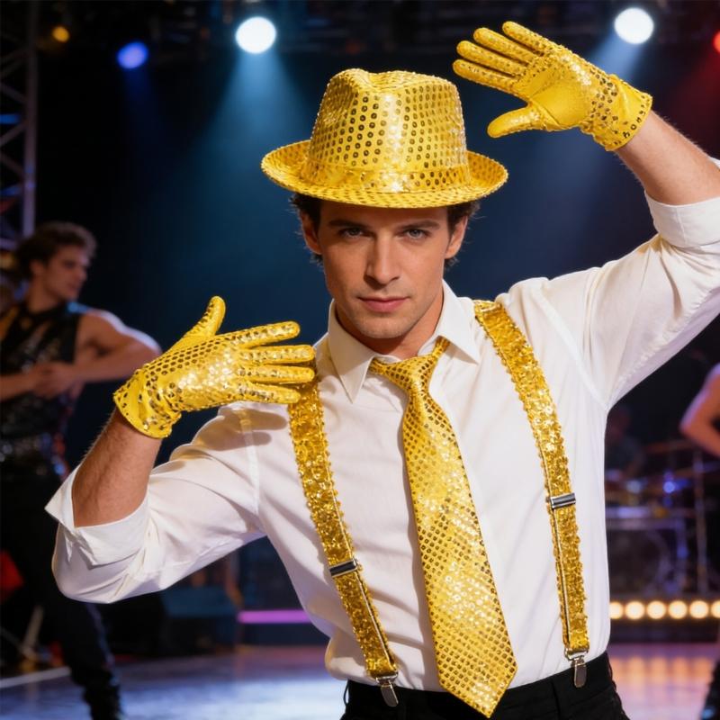 Dance Star Costume for Adults Men Hat Suspenders Bowtie Gloves Rings 80s 90s Stage Outfits Halloween Cosplay Costume